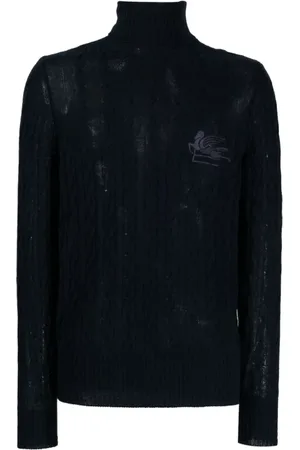 Etro Strik, Herre, Blå, L, Cashmere, Mørkeblå Kabelstrikket Rullekrave