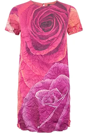 Roberto Cavalli Kjole, Dame, Lyserød, L, Rose Print Krøllet Kjole