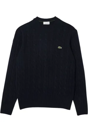 Lacoste Strik, Herre, Blå, XL, Uld, Kraftig Strikket Rundhalset Sweater med Kabelmønster