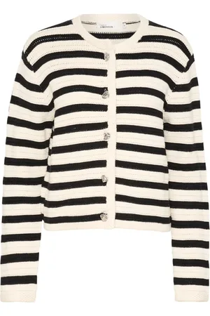 Karen by Simonsen Strik, Dame, Sort, L, Bomuld, Stribet Cardigan med Knapper