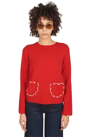 Comme des Garçons Strik, Dame, Rød, XS, Uld, Rød sweater med rund hals og forlommer