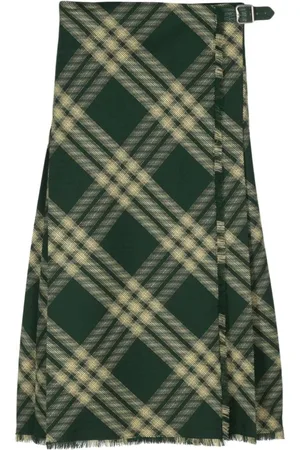 Burberry Kjole, Dame, Grøn, XS, Uld, Check-printet midi-nederdel med flossede kanter