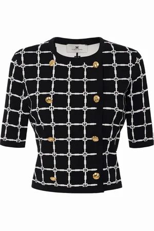 Elisabetta Franchi Strik, Dame, Sort, XL, Uld, Jacquard Cardigan med Logo Motiv