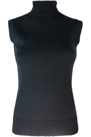 Sportmax Strik, Dame, Sort, L, Uld, Ribstrikket Ærmeløs Rullekrave Sweater