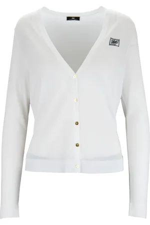 Elisabetta Franchi Strik, Dame, Hvid, XL, V-hals Cardigan med Knapper