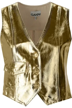 Ganni Jakke, Dame, Gul, XS, Uld, Guld Denim Vest med Lamineret Effekt