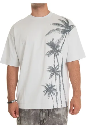 Emporio Armani Top, Herre, Grå, M, Bomuld, Palm Tree Fantasy Rundhalset T-shirt