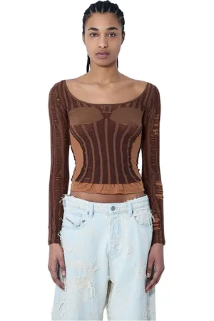 Diesel Top, Dame, Brun, XS, Bomuld, Semi-Distressed Striktop