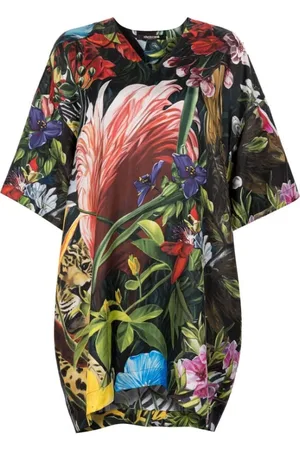 Roberto Cavalli Kjole, Dame, Flerfarvet, 2XS, Uld, Silke Blomstret Leopard Print Kjole