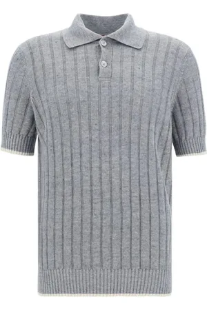 Brunello Cucinelli Top, Herre, Grå, 3XL, Linned, Monokrom Ribstrikket Linned Poloskjorte