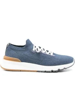 Brunello Cucinelli Sko, Herre, Blå, 40 EU, Læder, Navy Strikkede Sneakers i Sok-stil