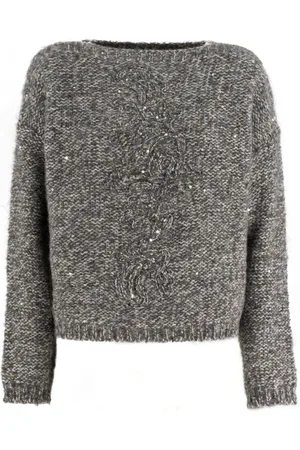 ERMANNO SCERVINO Strik, Dame, Grå, S, Uld, Sequin-broderet uld crewneck-sweater