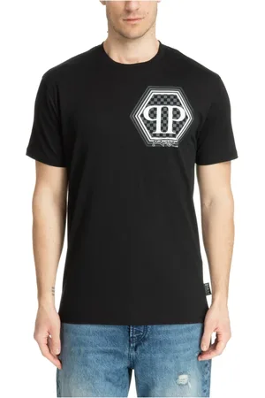 Philipp Plein Top, Herre, Sort, L, Bomuld, Mønstret Hexagon T-shirt med Logo Broderier