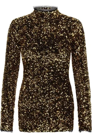 Roberto Cavalli Kjole, Dame, Gul, L, Uld, Sequin Mini Kjole Høj Halsudskæring