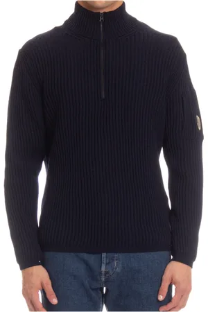 C.P. Company Strik, Herre, Blå, S, Uld, Ribstrikket sweater med kvart lynlås