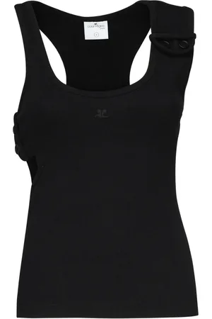 Courrèges Top, Dame, Sort, M, Uld, Rib Tank Top med Knapper på Skulderen