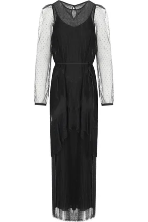 Twin-Set Kjole, Dame, Sort, S, Polyester, Sort Lang Plisseret Kjole med Blonder