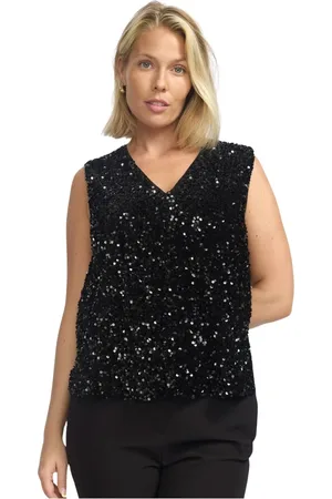 2-Biz Top, Dame, Sort, 2XL, Polyester, Sort Sequin Bluse