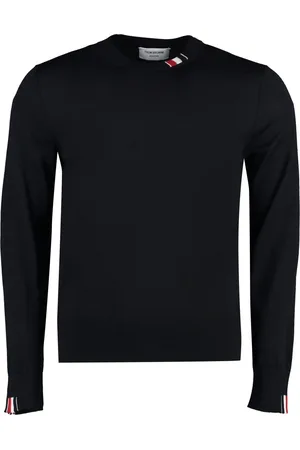 Thom Browne Strik, Herre, Blå, M, Uld, Uld Crew-Neck Sweater med Tricolore Detalje