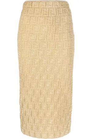 Fendi Nederdel, Dame, Gul, XS, Uld, Gold FF Motif Midi Nederdel