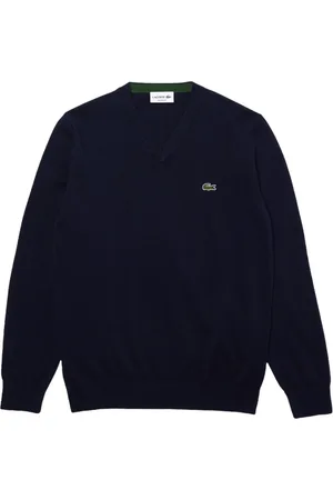 Lacoste Strik, Herre, Blå, S, Bomuld, Blå bomulds sweater med V-udskæring og broderet logo