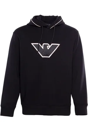 Emporio Armani Sweathshirts & Hoodies, Herre, Sort, 3XL, Bomuld, Logo-broderet Hættetrøje med Snøre
