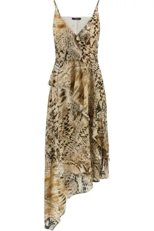 Guess Kjole, Dame, Flerfarvet, L, Uld, Animalier Asymmetrisk Midi Kjole