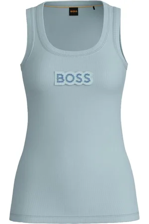 HUGO BOSS Top, Dame, Blå, S, Bomuld, Ribbet bomuld tanktop med krystallogo