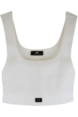 Elisabetta Franchi Top, Dame, Hvid, XS, Polyester, Ribbet Top med Sølvfarvet Hardware