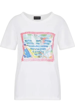 Emporio Armani Top, Dame, Hvid, XL, Bomuld, Kortærmet T-shirt med Akvarel Logo
