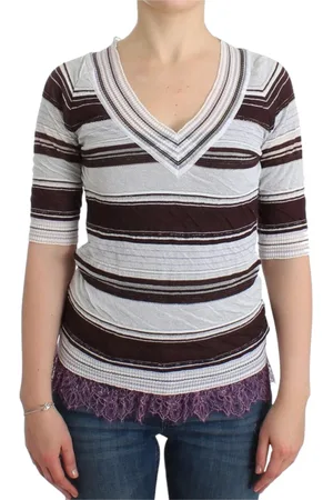 ERMANNO SCERVINO Strik, Dame, Flerfarvet, S, Uld, Stribet Blonde V-hals Kortærmet Top Sweater