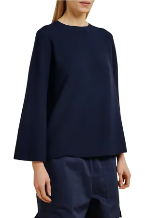 LIVIANA CONTI Strik, Dame, Blå, XL, Uld, Blå Merinould Sweater med Flare Ærmer