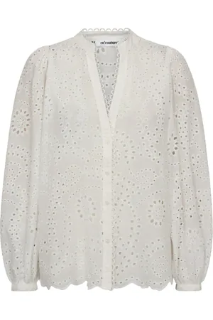 Co`Couture Bluser & Skjorter, Dame, Hvid, L, Bomuld, Anglaise V-Shirt Bluse med Broderi
