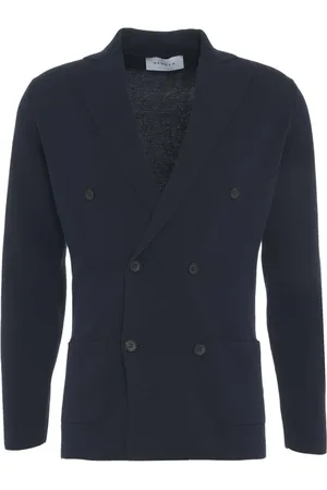 Gender Jakke, Herre, Blå, 4XL, Uld, Blå Strik Dobbelt-Breasted Blazer