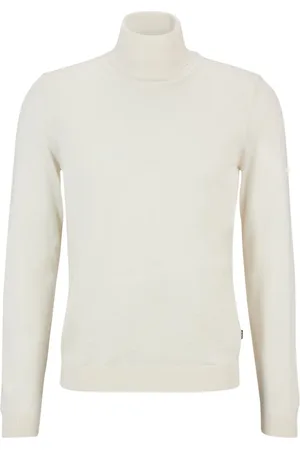 HUGO BOSS Strik, Herre, Hvid, XL, Uld, Slim-Fit Rullekrave Sweater i Ren Ny Uld