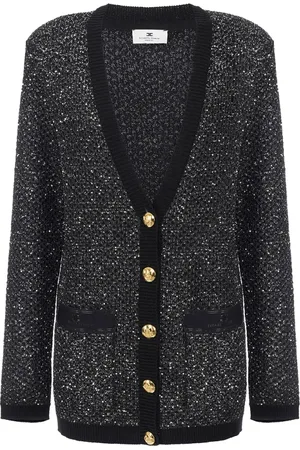 Elisabetta Franchi Strik, Dame, Sort, XS, Uld, Sequin-thread Wool Cardigan