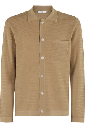 Paolo Pecora Strik, Herre, Brun, XL, Bomuld, Hæklet Strik Skjorte Beige