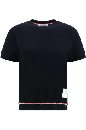 Thom Browne Top, Dame, Blå, XS, Bomuld, Farverige Bånd T-shirt med Knapdetaljer