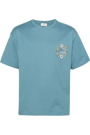 Etro Top, Herre, Blå, L, Bomuld, Logo Broderet Crewneck T-shirt