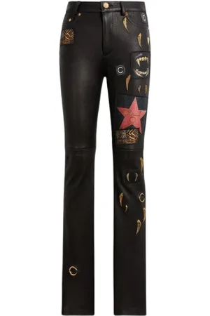 Roberto Cavalli Bukser, Dame, Sort, 2XS, Uld, Straight-Leg Embellished Leather Bukser
