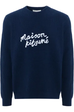 Maison Kitsuné Strik, Herre, Blå, XL, Uld, Blå Uldtrøje med Hvidt Logo
