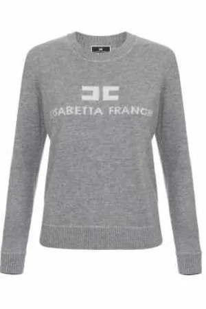 Elisabetta Franchi Strik, Dame, Grå, XL, Uld, Grå Uld Cashmere Logo Sweater