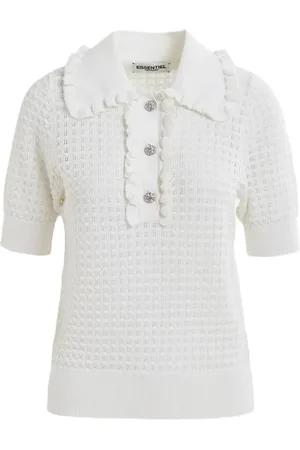 Essentiel Antwerp Top, Dame, Hvid, L, Polyester, Striktrøje med flæsekrave og rhinstensknapper