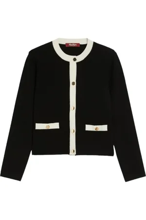 Max Mara Strik, Dame, Sort, 2XL, Uld, Strikket Cardigan med Rund Hals og Klapper