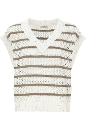 Brunello Cucinelli Strik, Dame, , XS, Sequin V-Neck Linen Sweater