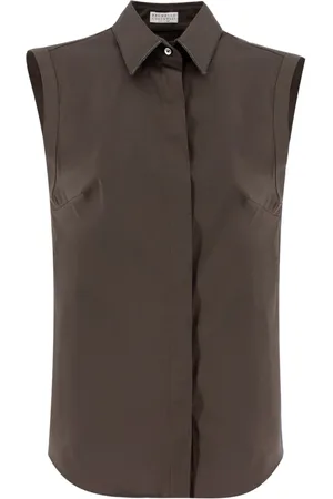 Brunello Cucinelli Bluser & Skjorter, Dame, Brun, M, Bomuld, Stretch Bomulds Poplin Ærmeløs Skjorte