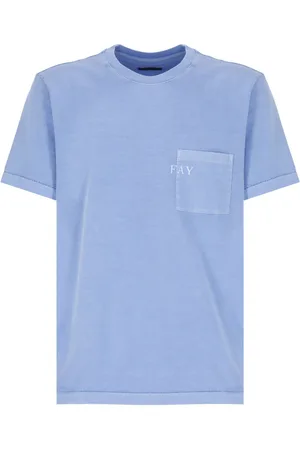FAY Top, Herre, Blå, L, Bomuld, Crewneck T-shirt med lomme