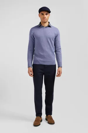 Eden Park Strik, Herre, Blå, L, Bomuld, Blå uld og bomuld rund hals pullover
