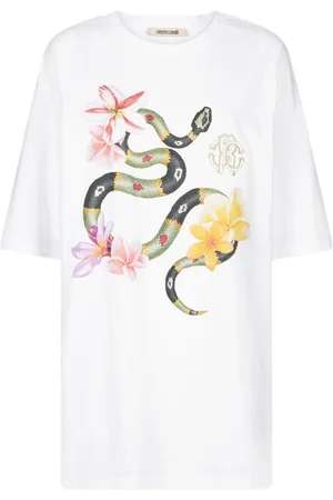 Roberto Cavalli Top, Dame, Hvid, S, Bomuld, Snake and Flower Print Tee