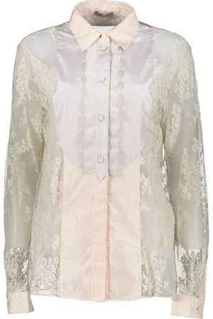 Bottega Veneta Bluser & Skjorter, Dame, Lyserød, XS, Bomuld, Skjorte i silke- og bomuld med flæser og blonde